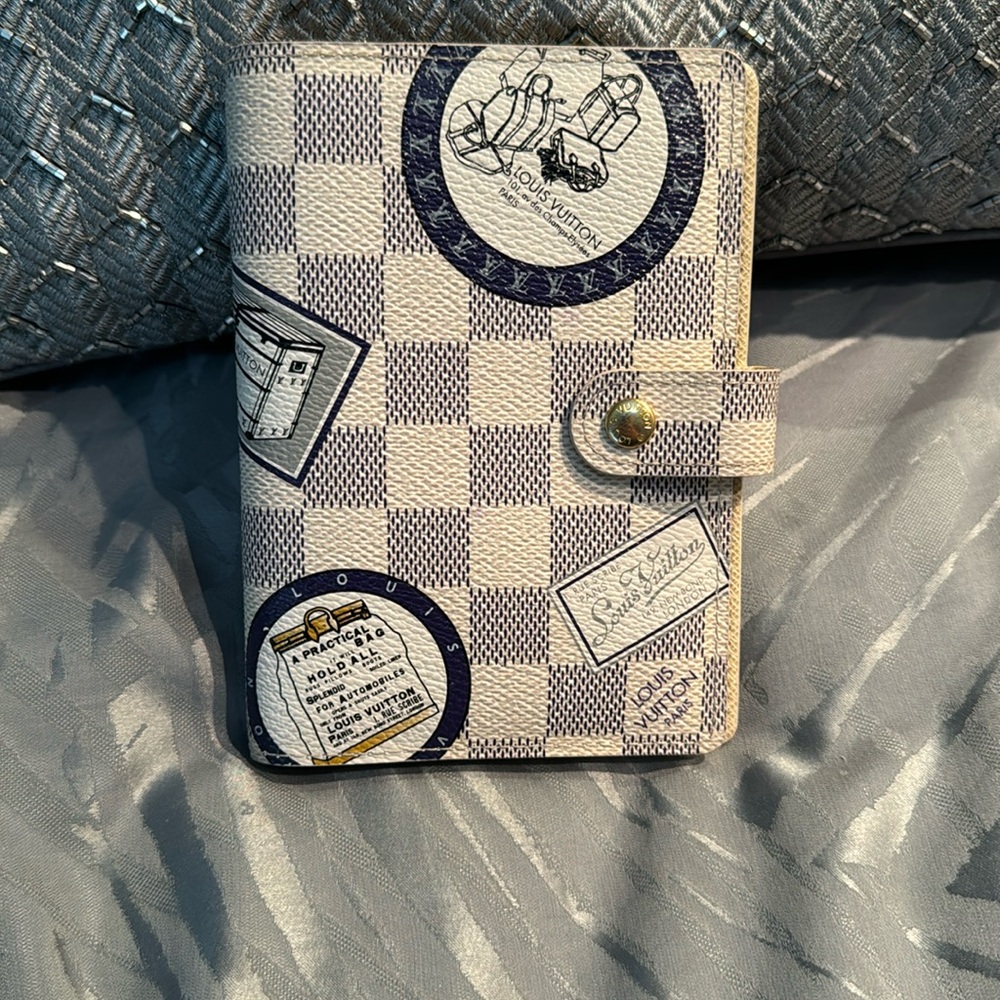 Louis Vuitton Damier Azur Passport Holder in White and Navy Travel Sticker Print